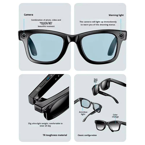 Smart Camera Glasses with HD Camera, Video Recording, Warning Light & Anti-Blue Light Lenses