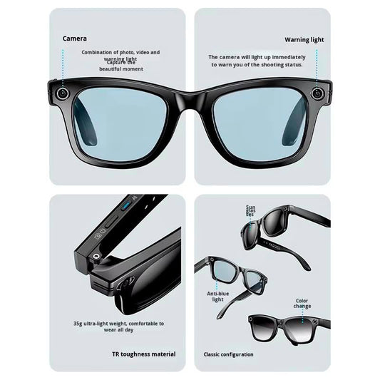 Smart Camera Glasses with HD Camera, Video Recording, Warning Light & Anti-Blue Light Lenses