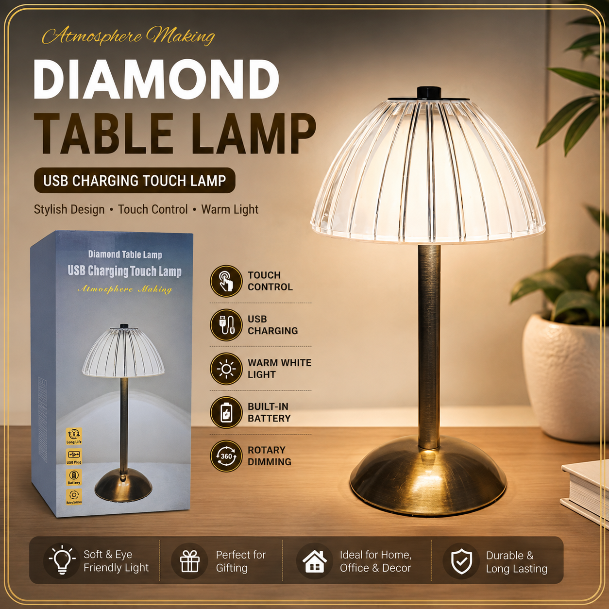 Diamond Table Lamp – USB Rechargeable Touch Control LED Desk Lamp with Warm Light & Dimming