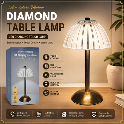 Diamond Table Lamp – USB Rechargeable Touch Control LED Desk Lamp with Warm Light & Dimming