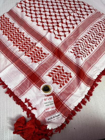 Traditional Cotton Keffiyeh Scarf 50x50 Inch – Red & White Checkered Shemagh with Tassel