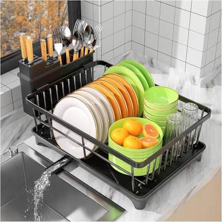 Premium Kitchen Dish Drying Rack with Automatic Drainage Tray | Rust-Resistant Countertop Dish Rack & Cutlery Holder | Black