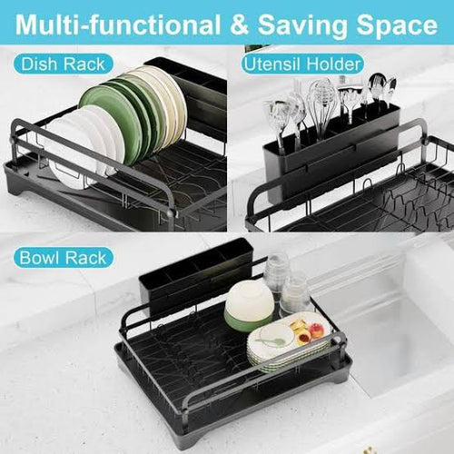Premium Kitchen Dish Drying Rack with Automatic Drainage Tray | Rust-Resistant Countertop Dish Rack & Cutlery Holder | Black