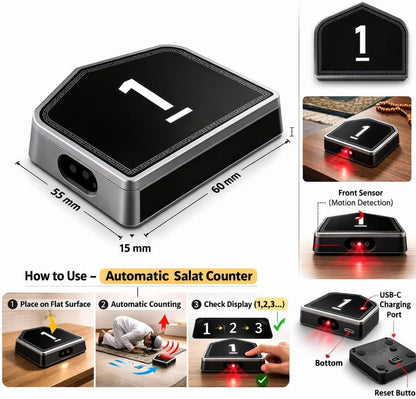 Automatic Digital Salat Counter – Motion Sensor Prayer Tracker with LED Display & USB-C Charging