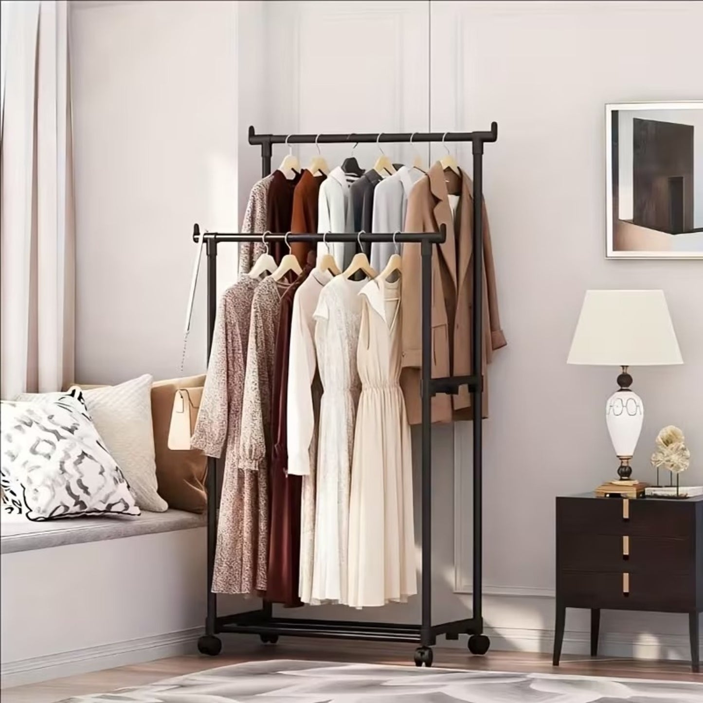 Double-Pole Heavy Duty Garment Rack – Adjustable Rolling Clothes Organizer with Shoe Rack & Side Hooks – Matte Black