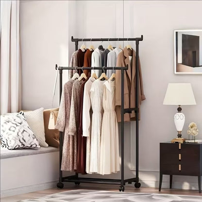 Double-Pole Heavy Duty Garment Rack – Adjustable Rolling Clothes Organizer with Shoe Rack & Side Hooks – Matte Black