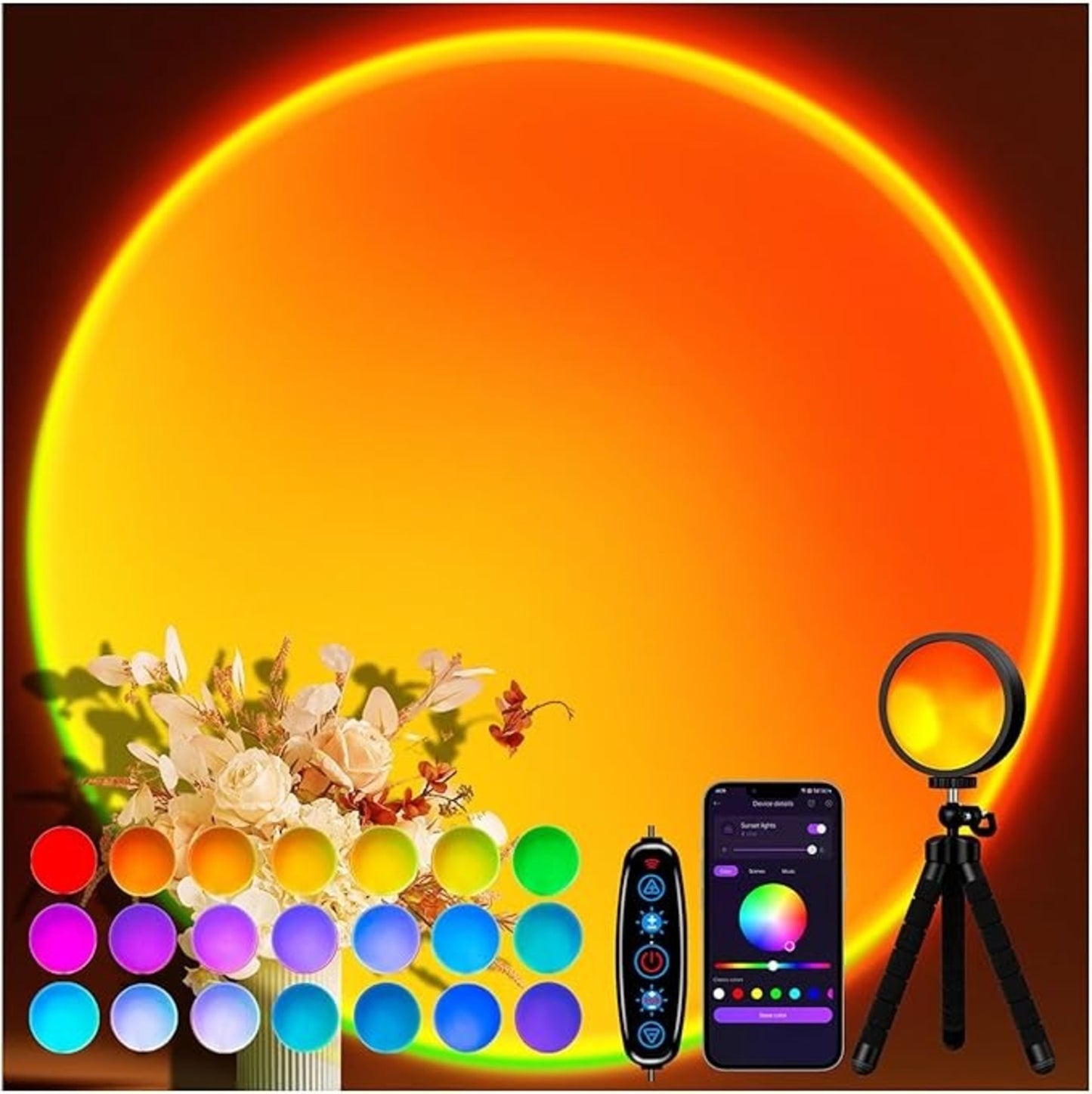 Smart RGB Sunset Lamp with APP & Remote Control – 16 Colors LED Projector Light with Tripod Stand