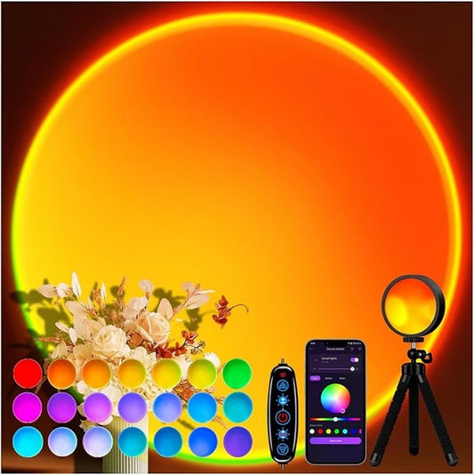 Smart RGB Sunset Lamp with APP & Remote Control – 16 Colors LED Projector Light with Tripod Stand