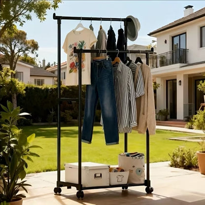 Double-Pole Heavy Duty Garment Rack – Adjustable Rolling Clothes Organizer with Shoe Rack & Side Hooks – Matte Black