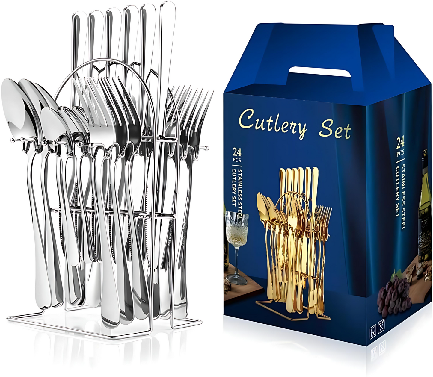 Premium 24-Piece Stainless Steel Cutlery Set with Hanging Display Stand – Elegant Silverware Flatware Set with Gift Box