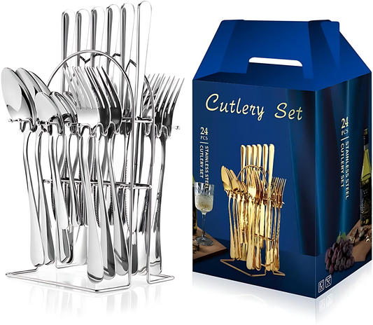 Premium 24-Piece Stainless Steel Cutlery Set with Hanging Display Stand – Elegant Silverware Flatware Set with Gift Box