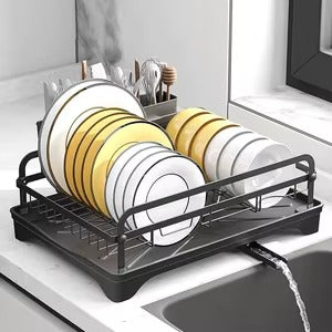 Premium Kitchen Dish Drying Rack with Automatic Drainage Tray | Rust-Resistant Countertop Dish Rack & Cutlery Holder | Black