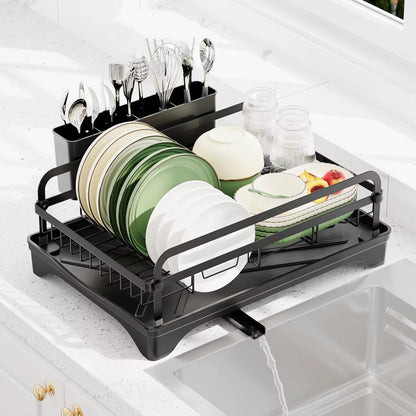 Premium Kitchen Dish Drying Rack with Automatic Drainage Tray | Rust-Resistant Countertop Dish Rack & Cutlery Holder | Black