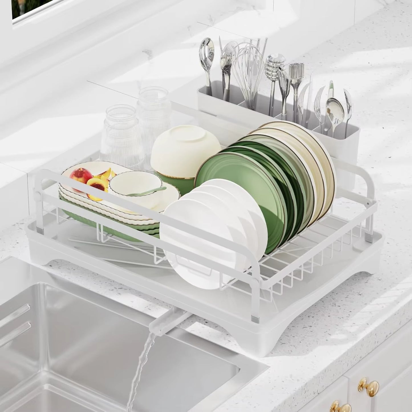 Premium Kitchen Dish Drying Rack with Automatic Drainage Tray | Rust-Resistant Countertop Dish Rack & Cutlery Holder | Black