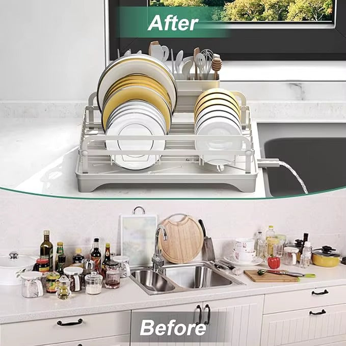 Premium Kitchen Dish Drying Rack with Automatic Drainage Tray | Rust-Resistant Countertop Dish Rack & Cutlery Holder | Black