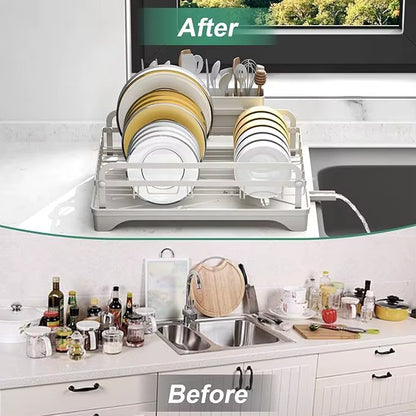 Premium Kitchen Dish Drying Rack with Automatic Drainage Tray | Rust-Resistant Countertop Dish Rack & Cutlery Holder | Black