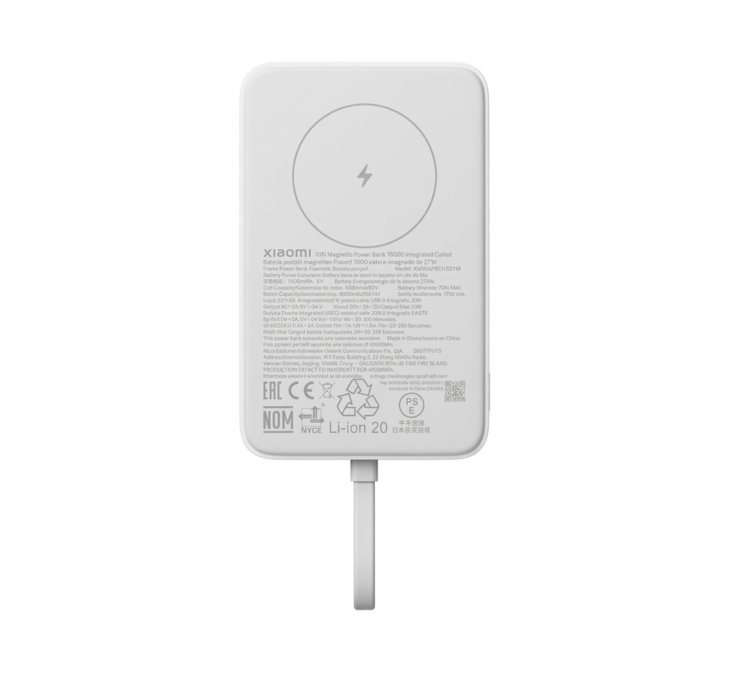 10000mAh Magnetic Wireless Power Bank with 33W Fast Charging & Built-In Cable